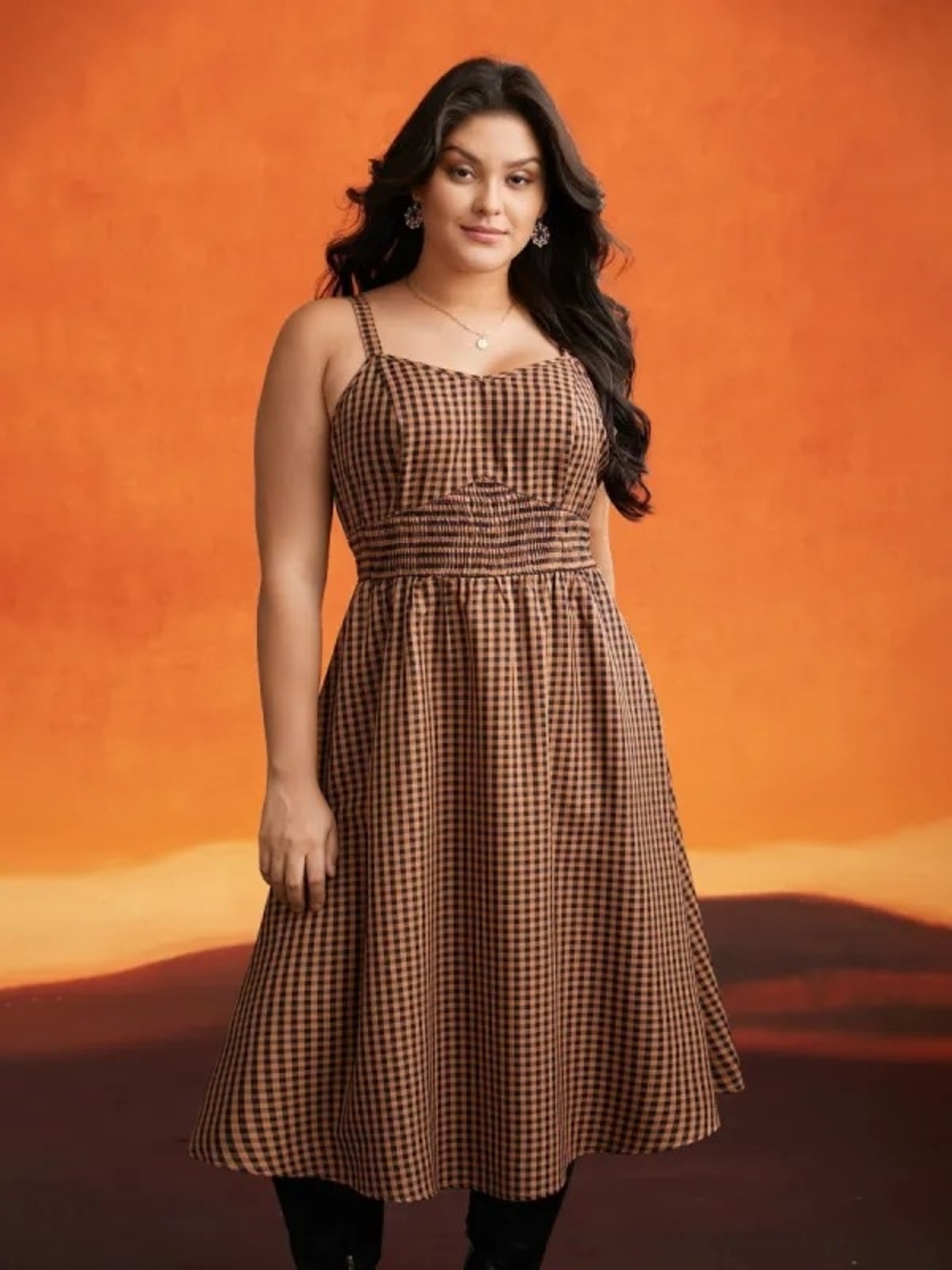 BloomChic Brown and Black Gingham Smocked Midi Dress